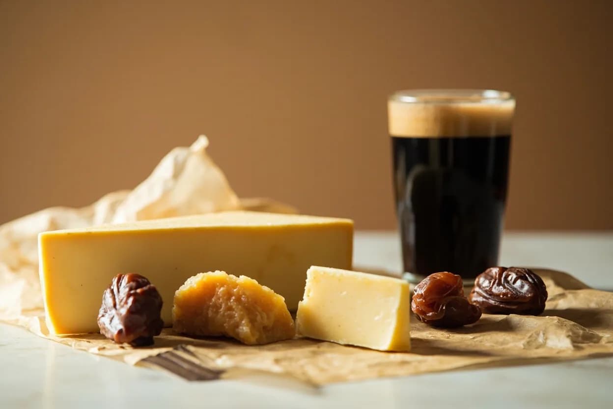 Aged Gouda paired with Dark ale and porter (Dutch / Belgian) — the canonical affinity made visible. Roasted malt and caramel from dark beers mirror the toffee and nut notes of aged Gouda; carbonation cuts the fat cleanly.
