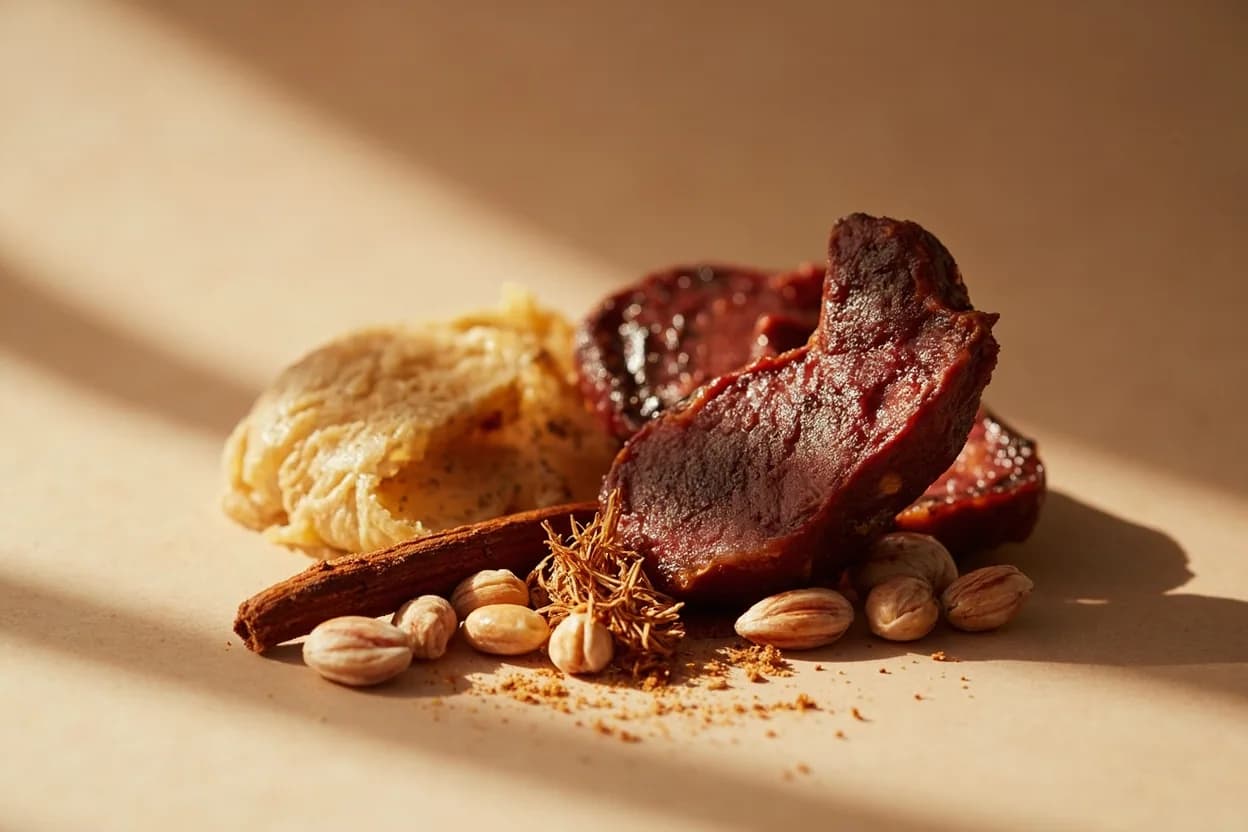 Ají Panca paired with Beef heart (Peruvian) — the canonical affinity made visible. The defining combination in anticuchos: panca paste deeply penetrates the offal's iron-rich flesh, its smokiness balancing the meat's gaminess.