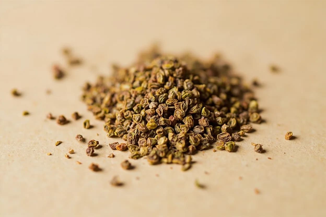 Ajwain (Carom Seed) in its natural form. Ajwain (Trachyspermum ammi) is the seed-fruit of a plant in the Apiaceae family, related to caraway, cumin, and dill. Tasting profile: thymol-forward heat with anise undertone, medicinal bitterness that cooks out quickly, peppery, oregano-adjacent warmth, sharp, almost camphor-like top note.