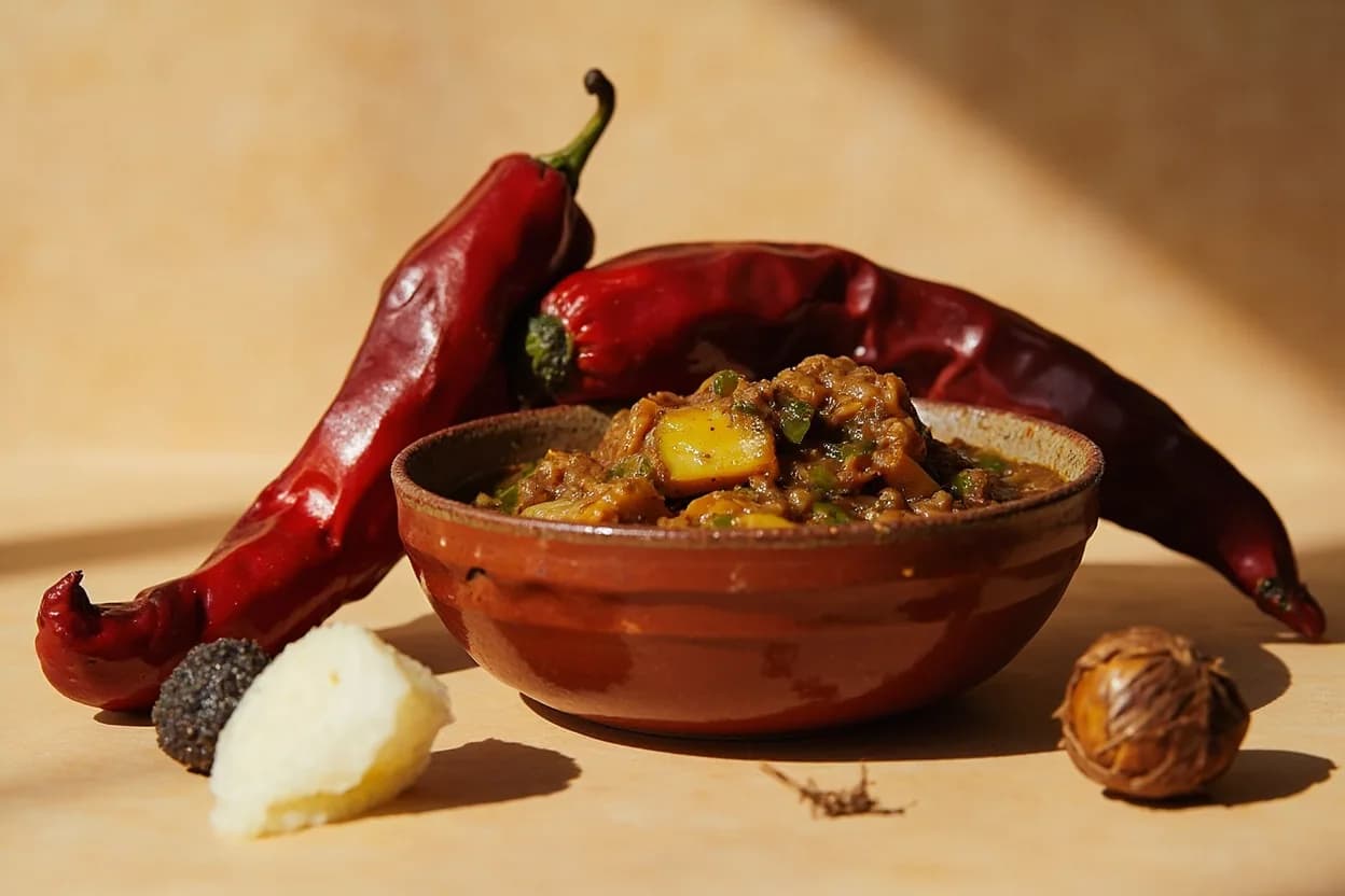 Alligator Pepper (Atare) paired with Palm oil stew (Yoruba obe ata) (Nigerian / Yoruba) — the canonical affinity made visible. In obe ata (Yoruba pepper stew), atare contributes citrusy heat that cuts through the richness of palm oil and plays against the charred-tomato, onion, and scotch bonnet base; it is a signature aromatic that distinguish…