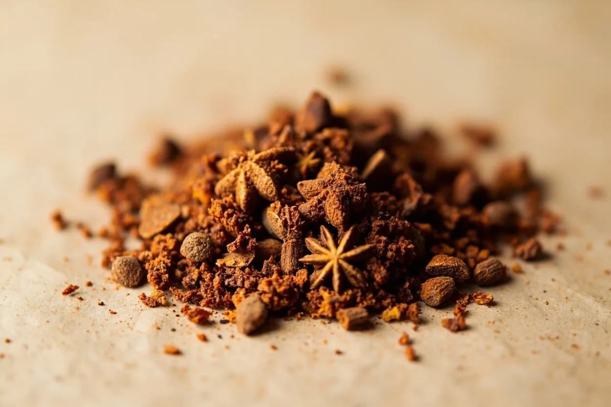 Allspice in its natural form. Allspice is the dried, unripe berry of Pimenta dioica, an evergreen tree native to the Caribbean and Central America. Tasting profile: clove-forward eugenol warmth, cinnamon-sweet spice note, nutmeg earthiness on the finish, mild black pepper heat.