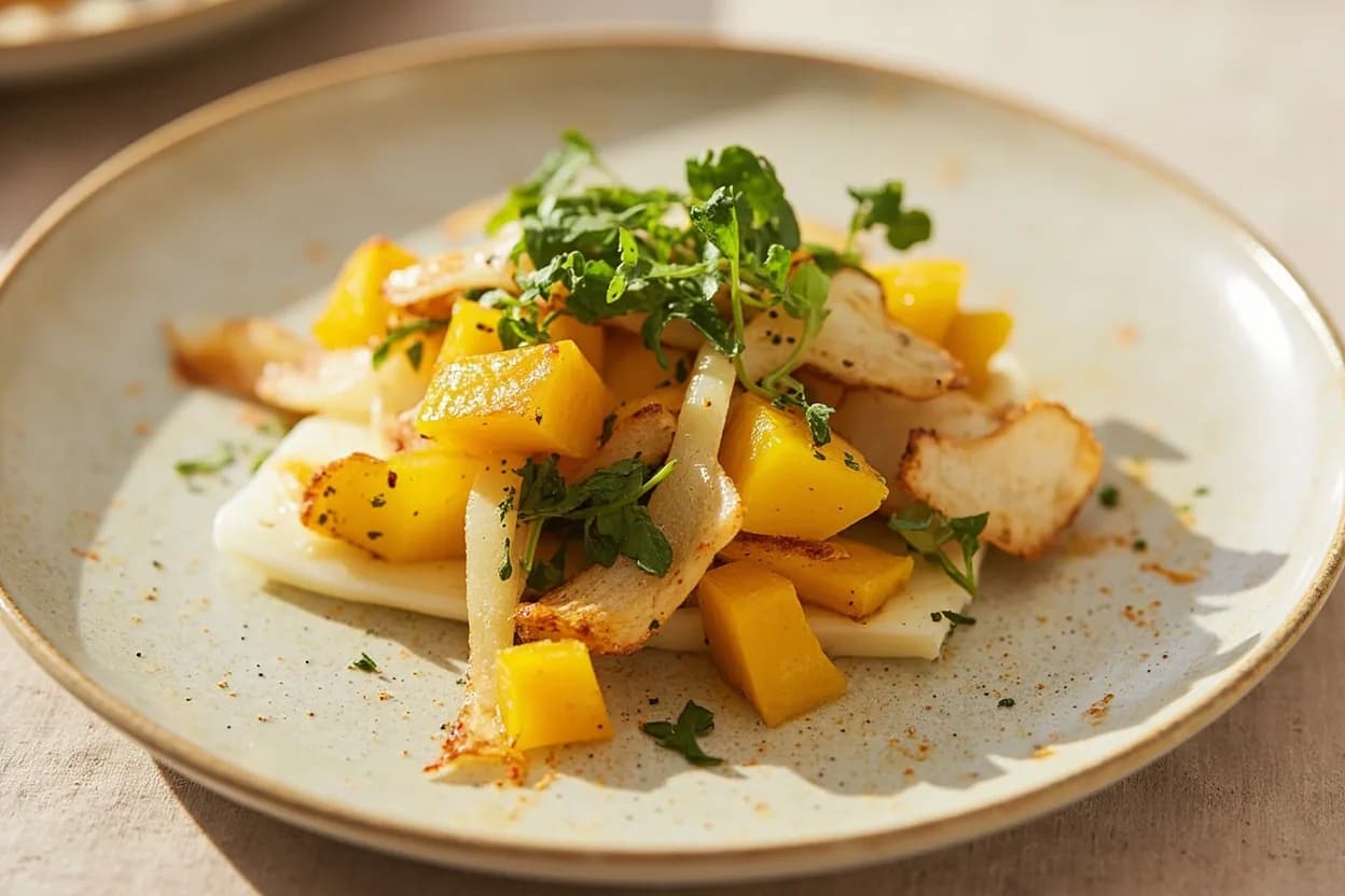 Amba (Pickled Mango) in its element — Sabich (Iraqi-Israeli fried eggplant pita). Adventurous crossover: Cheese (aged cheddar, halloumi) — Amba's acid and funk against sharp or grilled cheese creates a South Asian-influenced chutney dynamic; the fenugreek sweetness echoes the malty notes in aged cheddar..