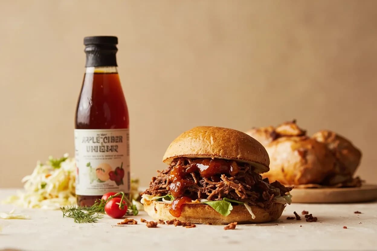 Apple Cider Vinegar paired with Pulled pork / BBQ sauce (American (Southern BBQ)) — the canonical affinity made visible. The fruity acidity cuts pork fat and balances the sweetness of brown sugar and molasses in Carolina- and Kansas City-style sauces.
