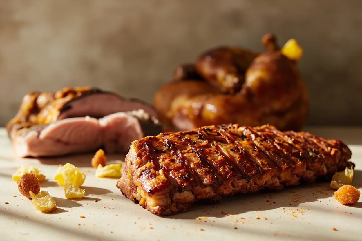Apple Wood Smoke paired with Pork ribs and pork loin (American BBQ) — the canonical affinity made visible. Applewood is the preferred fruitwood for pork in competition BBQ — its sweetness amplifies pork's natural sweetness without hickory's aggression.