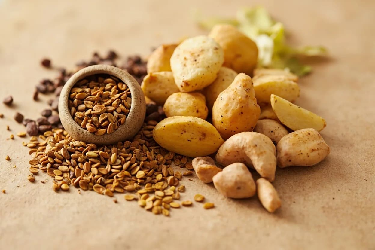 Asafoetida (Hing) paired with Lentils and dal (South Asian) — the canonical affinity made visible. Asafoetida is almost always part of the tadka (tempering) poured over dal; its onion-like depth enriches legumes that might otherwise taste flat, and traditional lore holds it aids digestion of legumes.