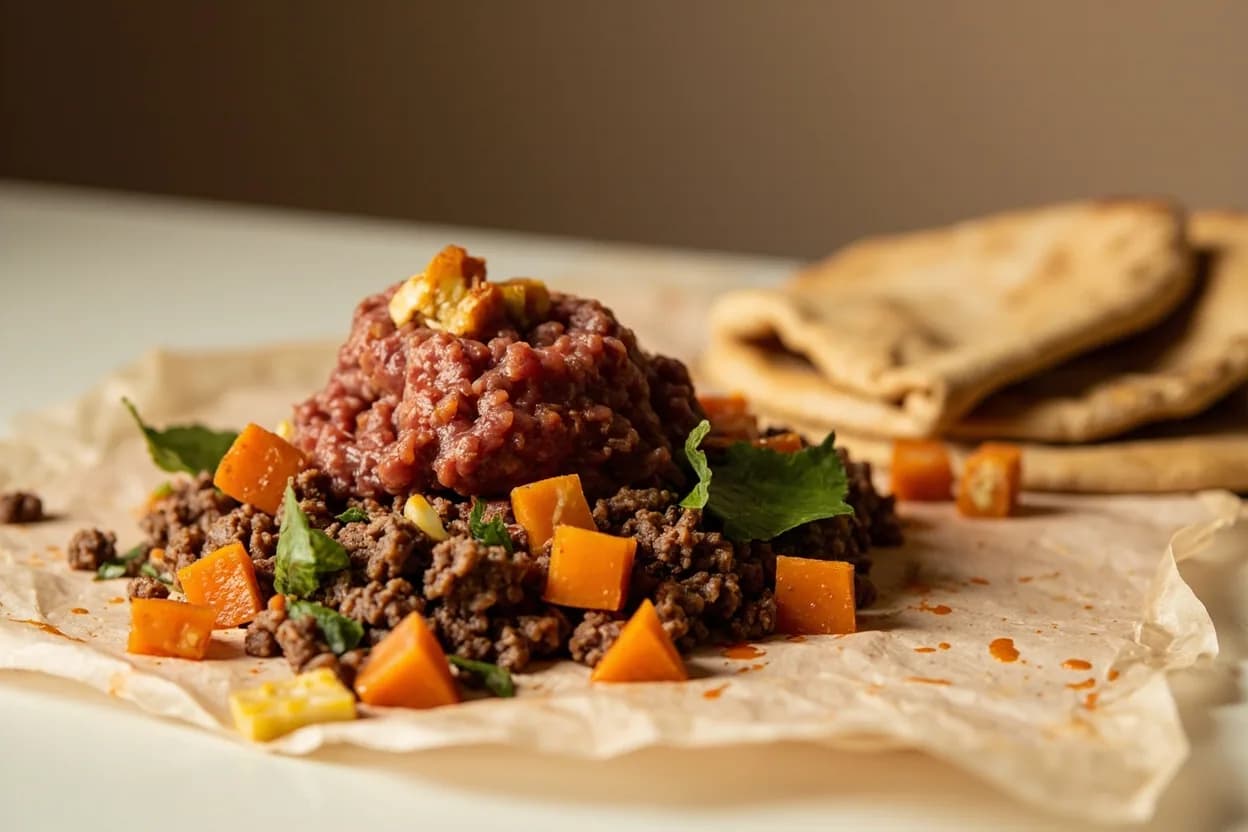 Awaze paired with Kitfo (Ethiopian beef tartare) (Ethiopian) — the canonical affinity made visible. Awaze is the canonical condiment for kitfo — its fermented heat cuts the richness of the spiced raw beef and echoes the mitmita seasoning already in the dish.