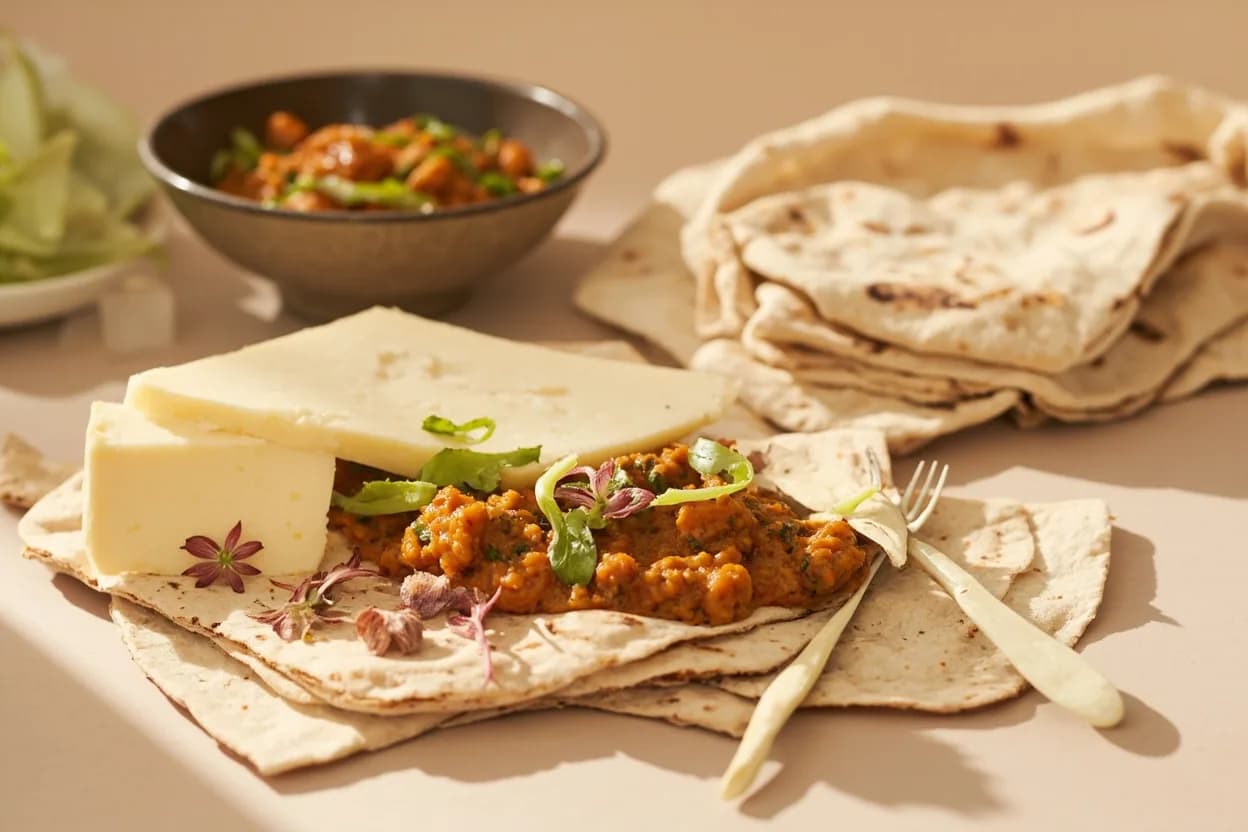 Ayib (Ethiopian Fresh Cheese) paired with Injera (fermented teff flatbread) (Ethiopian) — the canonical affinity made visible. Ayib is served on the injera platter as a cool, mild counterpoint to the fermented sourness of the bread and the heat of the wats — its dairy neutrality resets the palate between bites.