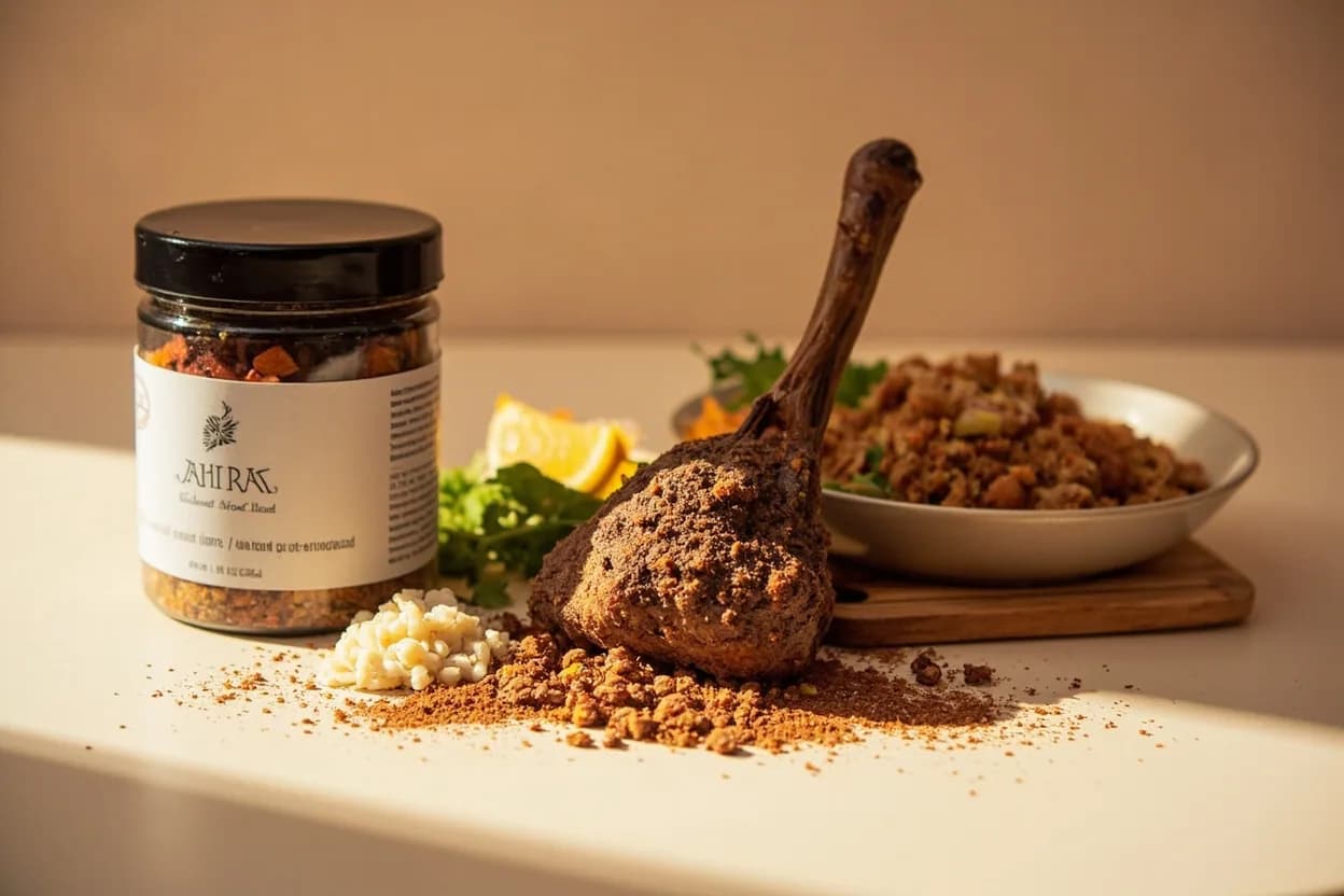 Baharat Spice Blend paired with lamb (shoulder, leg, ground) (Levantine/Gulf) — the canonical affinity made visible. Baharat is lamb's most natural seasoning partner in the Arab world: slow-braised shoulder, kofte meatballs, and minced lamb in sfeeha all rely on it for aromatic depth.