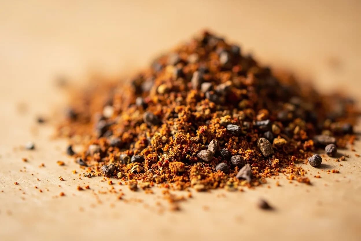 Baharat Spice Blend in its natural form. Baharat (Arabic: 'spices') is a warm, aromatic blend central to Levantine, Gulf, Turkish, and Iraqi cuisines. Tasting profile: allspice warmth (clove-cinnamon-pepper fusion), sweet-spice cinnamon note, assertive black pepper backbone, earthy cumin and coriander depth.