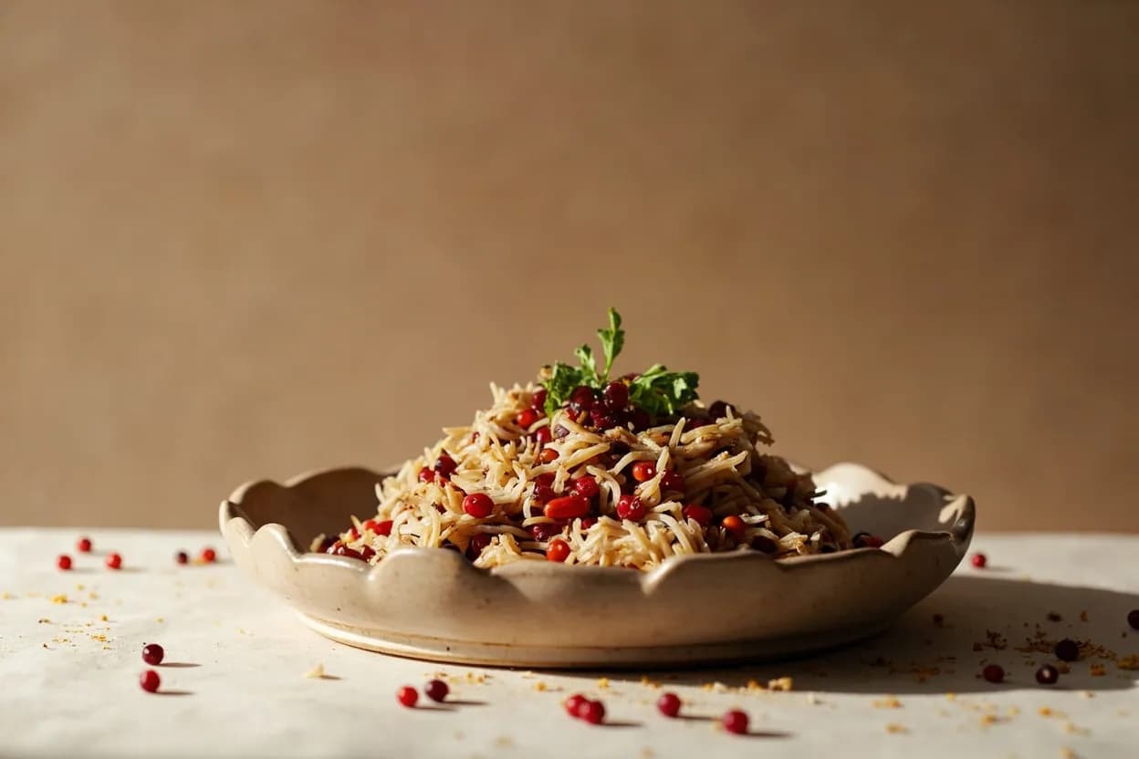 Barberries (Zereshk) paired with Basmati rice (polo) (Iranian (Persian)) — the canonical affinity made visible. Zereshk polo—barberry rice—is one of Iran's most celebrated dishes; the sour berries sautéed in butter with a pinch of sugar are folded into the top layer of steamed rice, creating color contrast and acid punctuation.