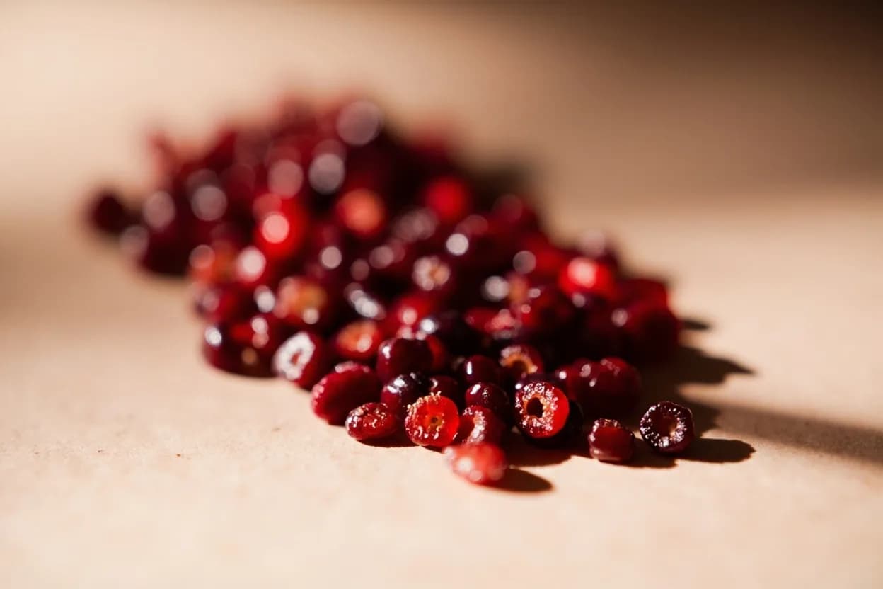 Barberries (Zereshk) in its natural form. Barberries (Berberis vulgaris) are the dried fruit of a thorny shrub cultivated across Iran, particularly in Khorasan province. Tasting profile: clean tartness, malic acid, citric brightness, ruby-fruit.