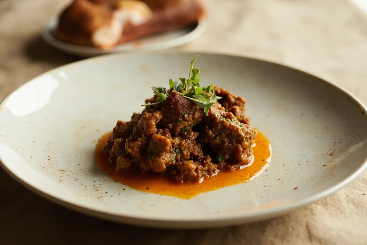 Berbere in its element — Doro wat (Ethiopian chicken stew). Adventurous crossover: dark chocolate (70%+) — The ferrous, chili-forward heat of berbere mirrors mole negro logic: high-cacao chocolate amplifies earthiness and rounds the fenugreek bitterness into something luxurious..