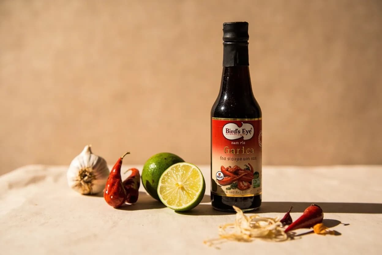 Bird's Eye Chili paired with Fish sauce (nam pla) (Thai) — the canonical affinity made visible. The foundational pairing of Thai cooking — fish sauce's umami salinity and the chili's heat reinforce each other, with the combination appearing in nearly every Thai sauce and condiment.