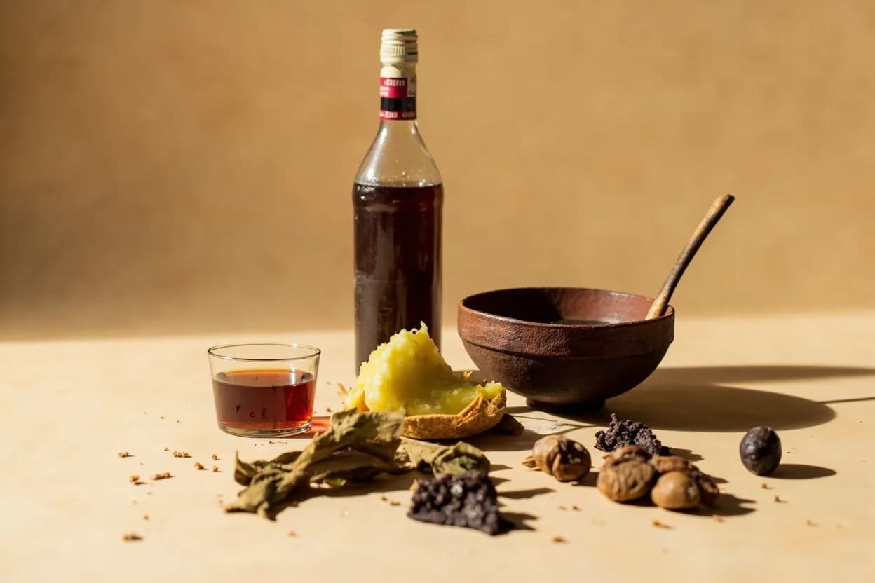 Bitter Kola paired with Palm wine (West African (Nigerian, Ghanaian)) — the canonical affinity made visible. The most traditional West African pairing: bitter kola is chewed before or alongside freshly tapped palm wine to slow fermentation (its antimicrobial properties) and cleanse the palate between sips.