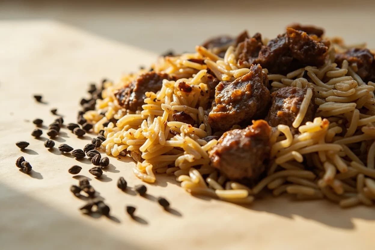 Black Cardamom paired with Basmati rice (biryani) (North Indian / Mughal) — the canonical affinity made visible. Black cardamom is a non-negotiable whole spice in dum biryani — bloomed in hot ghee, it infuses the rice with smoky-camphor depth that permeates the entire dish without appearing in individual bites.