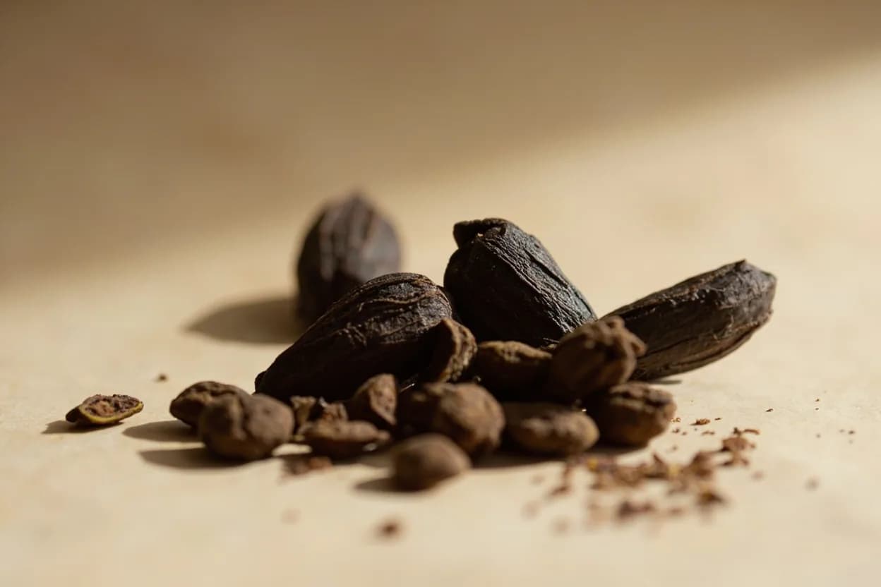 Black Cardamom in its natural form. Black cardamom is the dried, smoke-cured pod of Amomum subulatum, a large cardamom species native to the eastern Himalayas. Tasting profile: camphor-eucalyptus cooling effect, smoky char from wood-fire drying (cineole), resinous, almost medicinal depth, earthy, forest-floor bass note.