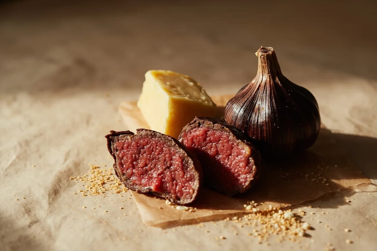 Black Garlic paired with Steak and red meat (Modern Western / Korean barbecue) — the canonical affinity made visible. Black garlic's molasses-umami depth amplifies the Maillard crust on beef; it works as a compound butter, aioli, or purée swiped under or over grilled steak.