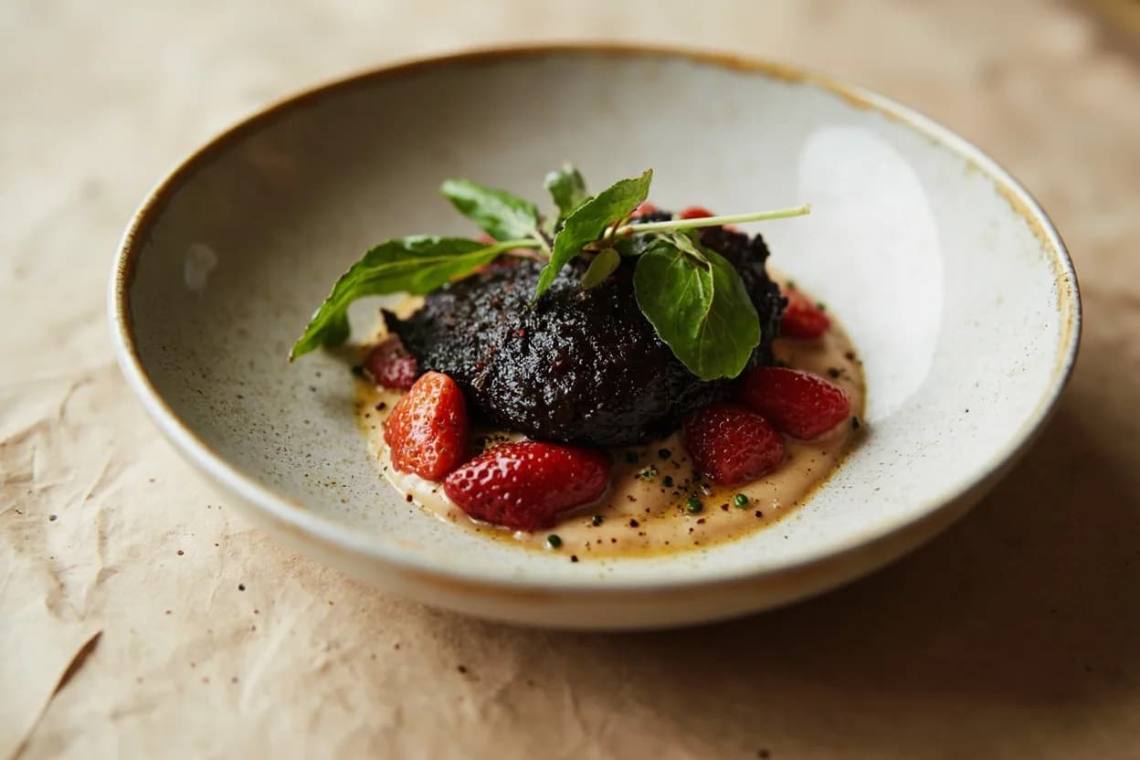 Black Garlic in its element — Black garlic aioli (modern tapas). Adventurous crossover: Strawberry — Black garlic's balsamic-sweet character resonates with strawberry's acid-sugar fragrance; a black garlic vinaigrette over macerated strawberries or in a strawberry salad with burrata is a modern-kitchen surprise..