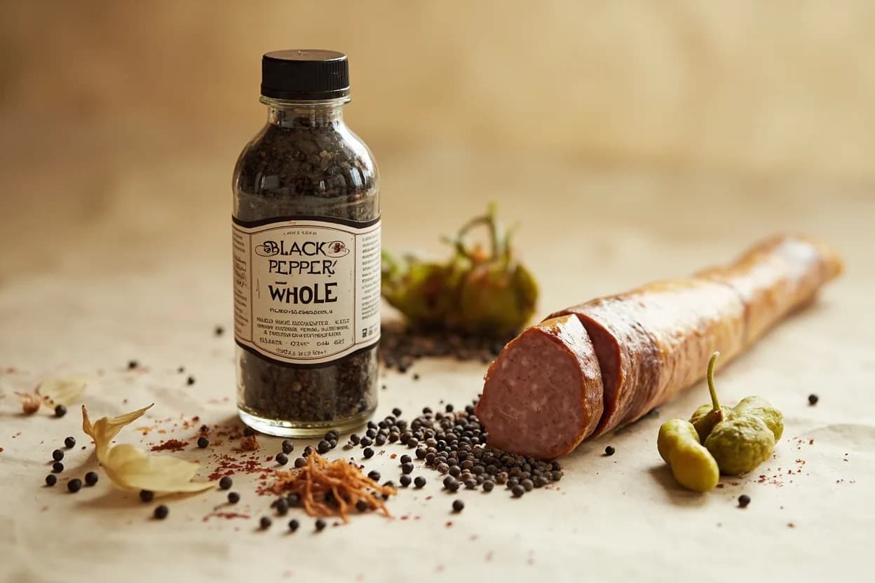 Black Pepper (Whole) paired with Court-bouillon and stock (veal, chicken, fish) (French classical) — the canonical affinity made visible. Whole peppercorns simmer for hours in stocks, releasing heat and terpenes gradually into the base without ever becoming overpowering — removal at the end keeps the broth clean.