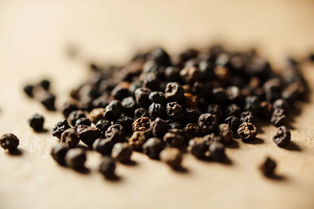 Black Pepper (Whole) in its natural form. Whole black pepper consists of fully dried Piper nigrum berries harvested slightly underripe and dried in the sun until the outer pericarp shrivels and blackens. Tasting profile: sharp piperine heat (released slowly when whole, immediately when cracked), bright citrusy-piney top notes (sabinene, limonene), woody, resinous depth (β-caryophyllene), faint floral undertone.