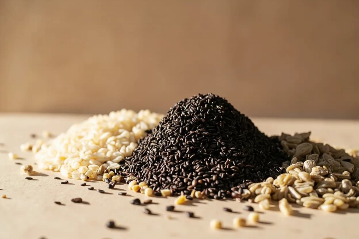 Black Sesame paired with Glutinous rice (Chinese, Japanese) — the canonical affinity made visible. The sticky, neutral starch of mochi or tang yuan lets the sesame paste's intensity take center stage without competition.