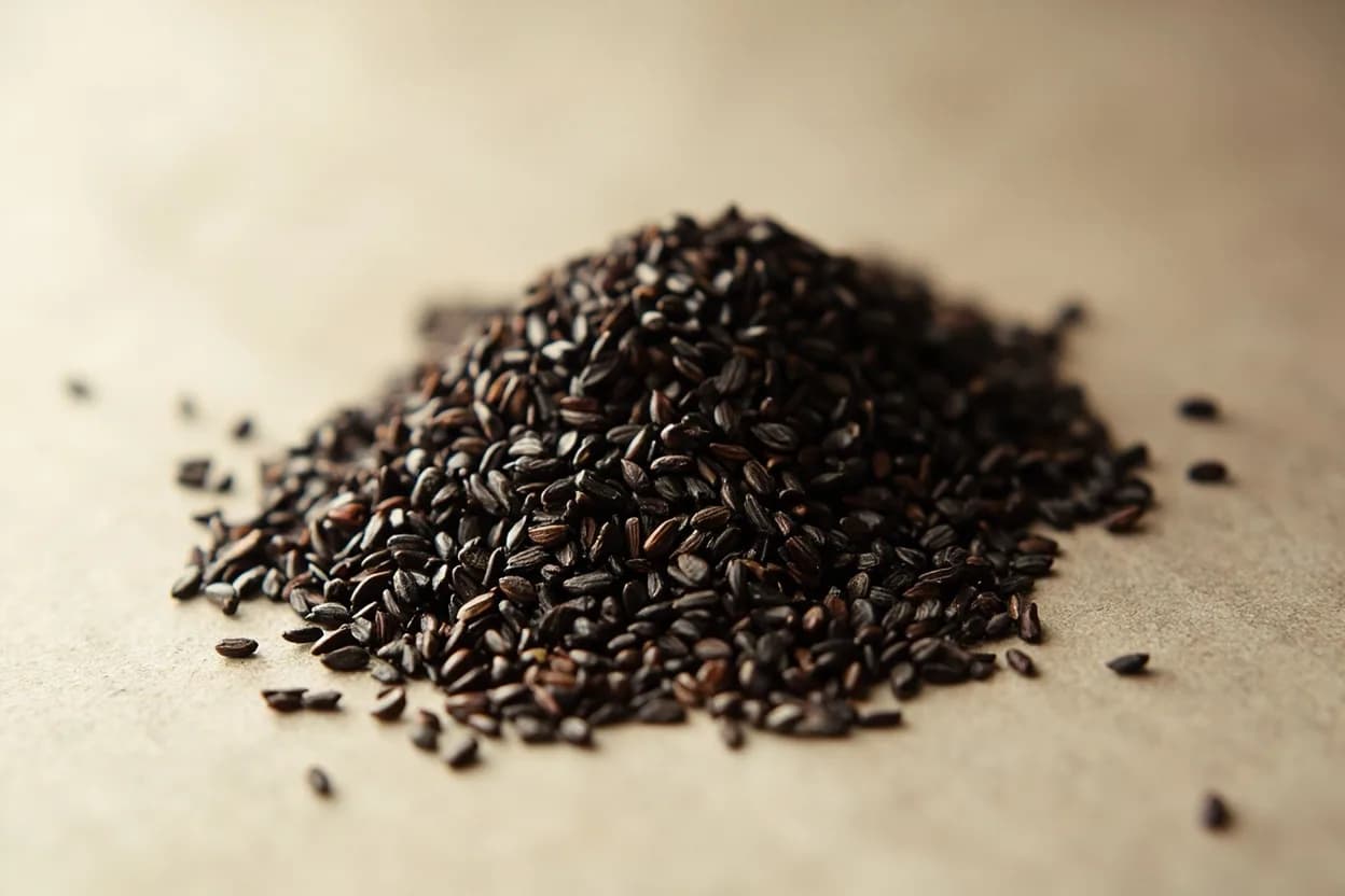 Black Sesame in its natural form. Black sesame seeds are the unprocessed, unhulled form of Sesamum indicum, carrying a more robust, slightly bitter edge compared to their white counterparts. Tasting profile: deep roasted nuttiness, faint bitter finish, earthy, mineral undertone, warm, smoky aroma from pyrazines.