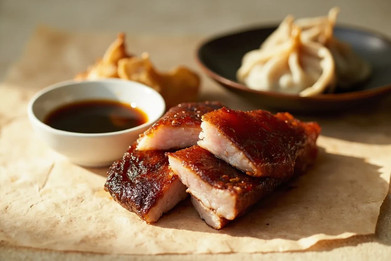Black Vinegar (Chinkiang) paired with Pork belly (Chinese (Shanghainese)) — the canonical affinity made visible. The vinegar's malt and smoke cut through rendered fat while its residual sugars lacquer the meat; essential to Hong Shao Rou (red-braised pork).