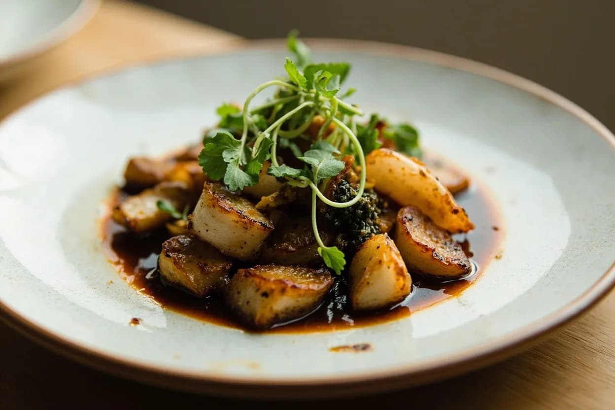 Black Vinegar (Chinkiang) in its element — Hong Shao Rou (red-braised pork belly). Adventurous crossover: Burrata — A small pour over burrata with olive oil and flaky salt turns a simple Italian starter boldly umami-acidic—the smoke reads almost balsamic but sharper..