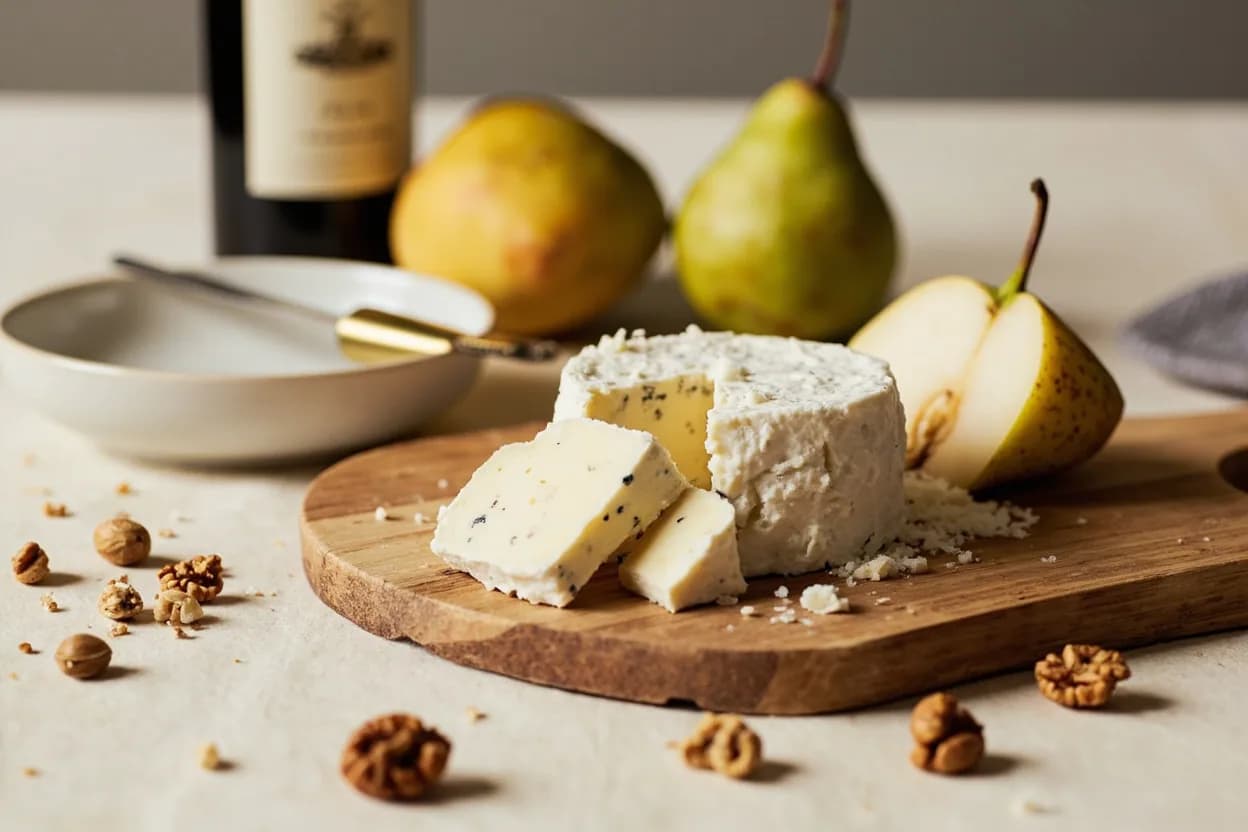 Blue Cheese paired with Tawny port (British / Portuguese) — the canonical affinity made visible. The Roquefort-Sauternes pairing is French, but the British Stilton-and-port tradition is equally canonical: oxidative walnut sweetness, dried fruit, and sugar buffer the cheese's aggressive salt and funk.