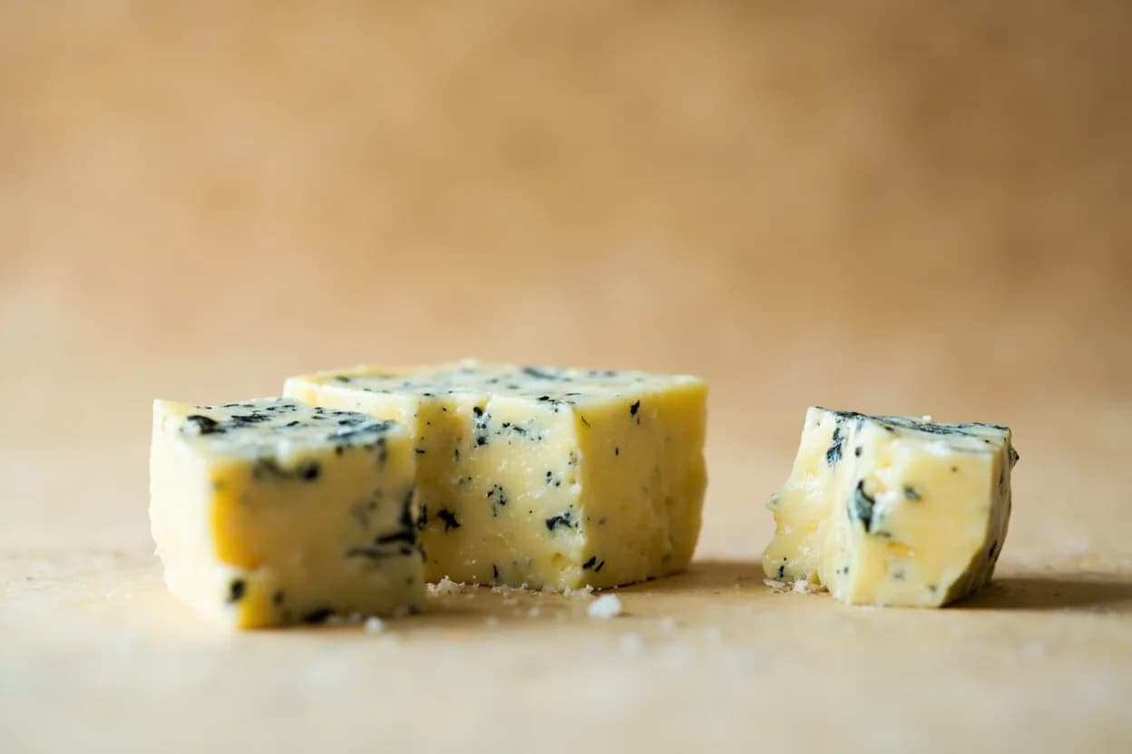 Blue Cheese in its natural form. Blue cheese is any cow's, sheep's, or goat's milk cheese inoculated with Penicillium roqueforti or related molds and pierced with air needles to allow blue-green veins to develop throughout the paste. Tasting profile: sharp / piquant funk from methyl ketones, briny salt, butyric dairy (sharp, slightly rancid-edged), earthy blue mold.
