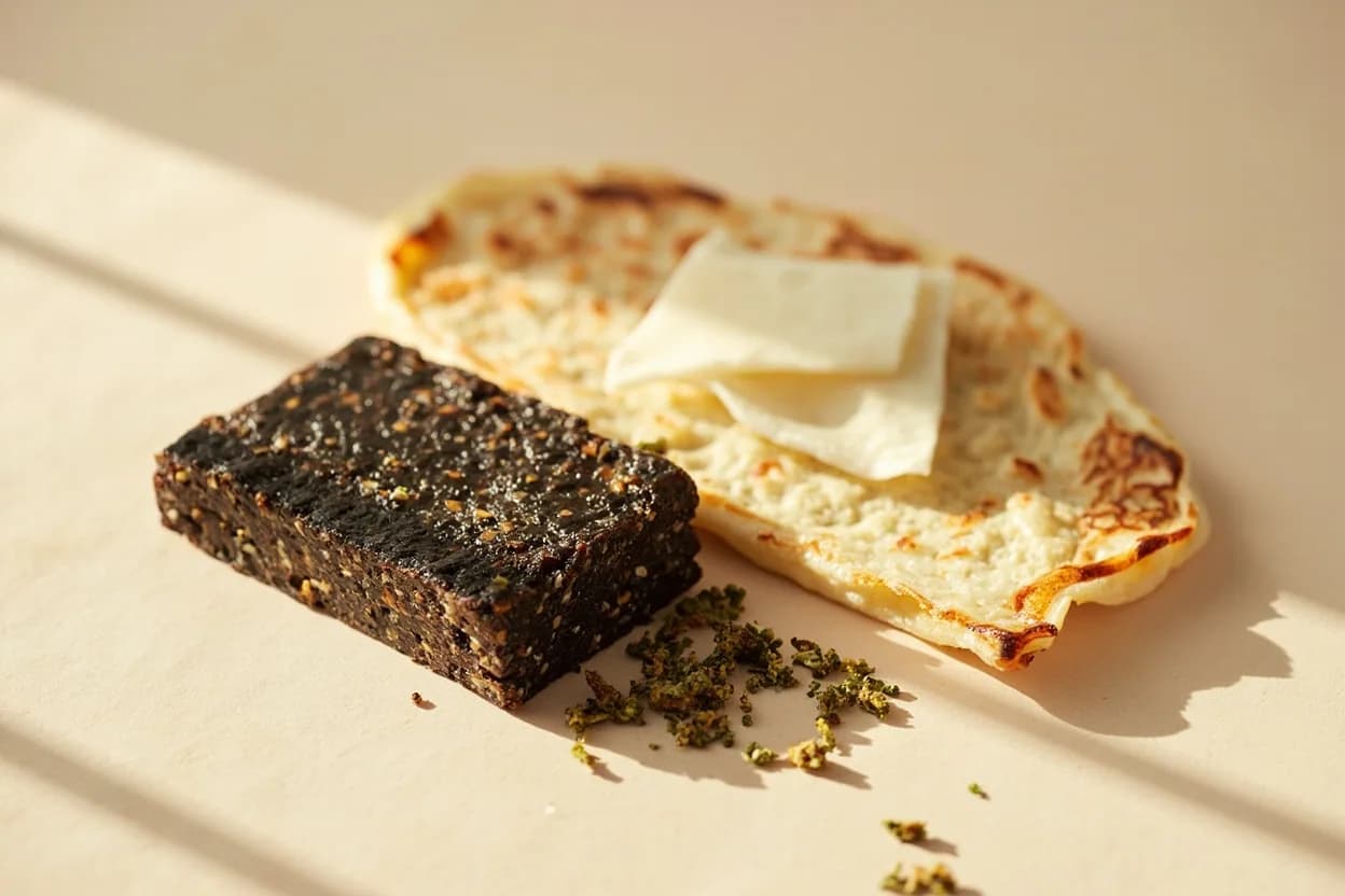 Bonito Flakes (Katsuobushi) paired with Kombu (Japanese) — the canonical affinity made visible. The foundational dashi pairing: kombu's glutamate and katsuobushi's inosinate create a synergistic umami response up to eight times more intense than either alone.