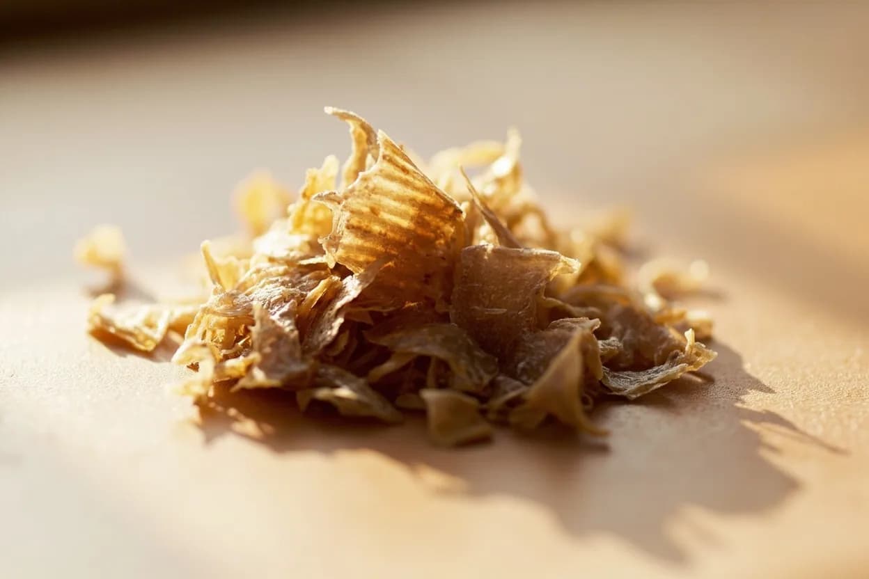 Bonito Flakes (Katsuobushi) in its natural form. Katsuobushi is skipjack tuna (Katsuwonus pelamis) that has been filleted, simmered, smoked over oak or cherry wood, sun-dried, and inoculated with Aspergillus glaucus mold (the hon-karebushi variety)… Tasting profile: deep oceanic / marine savouriness, wood-smoke (cherry / oak), fermented depth (Aspergillus mold), concentrated inosinate umami.