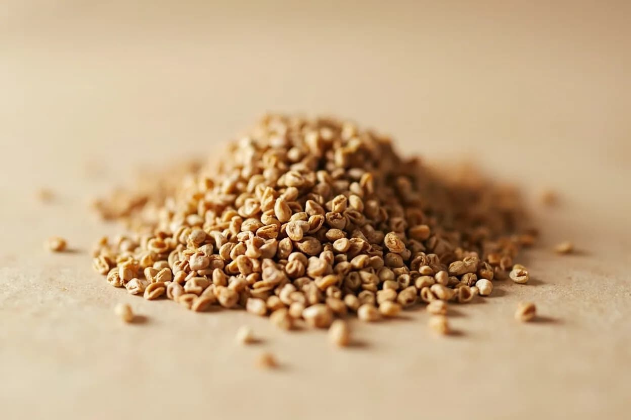 Buckwheat in its natural form. Buckwheat is the seed of Fagopyrum esculentum, a flowering plant unrelated to wheat or any grass — it is closer kin to rhubarb and sorrel. Tasting profile: robust, toasted-nut earthiness, mild but distinct bitterness (from rutin and tannins), faint floral note reminiscent of beeswax or buckwheat honey, mineral, slate-like undertone.