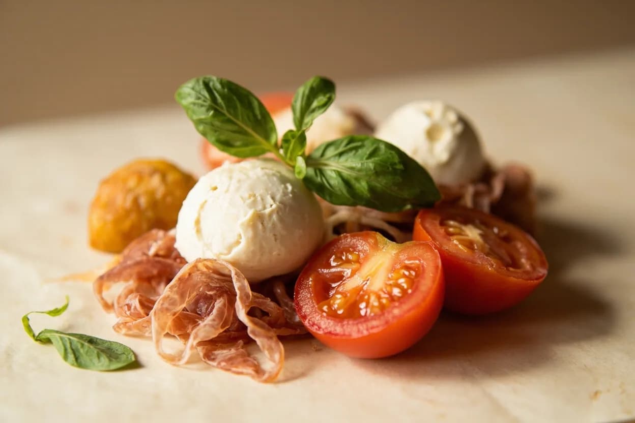 Burrata paired with Heirloom tomatoes (Italian) — the canonical affinity made visible. The acidity and glutamate-richness of ripe tomatoes cut through the cream and amplify the cheese's milky sweetness — the quintessential Caprese logic.