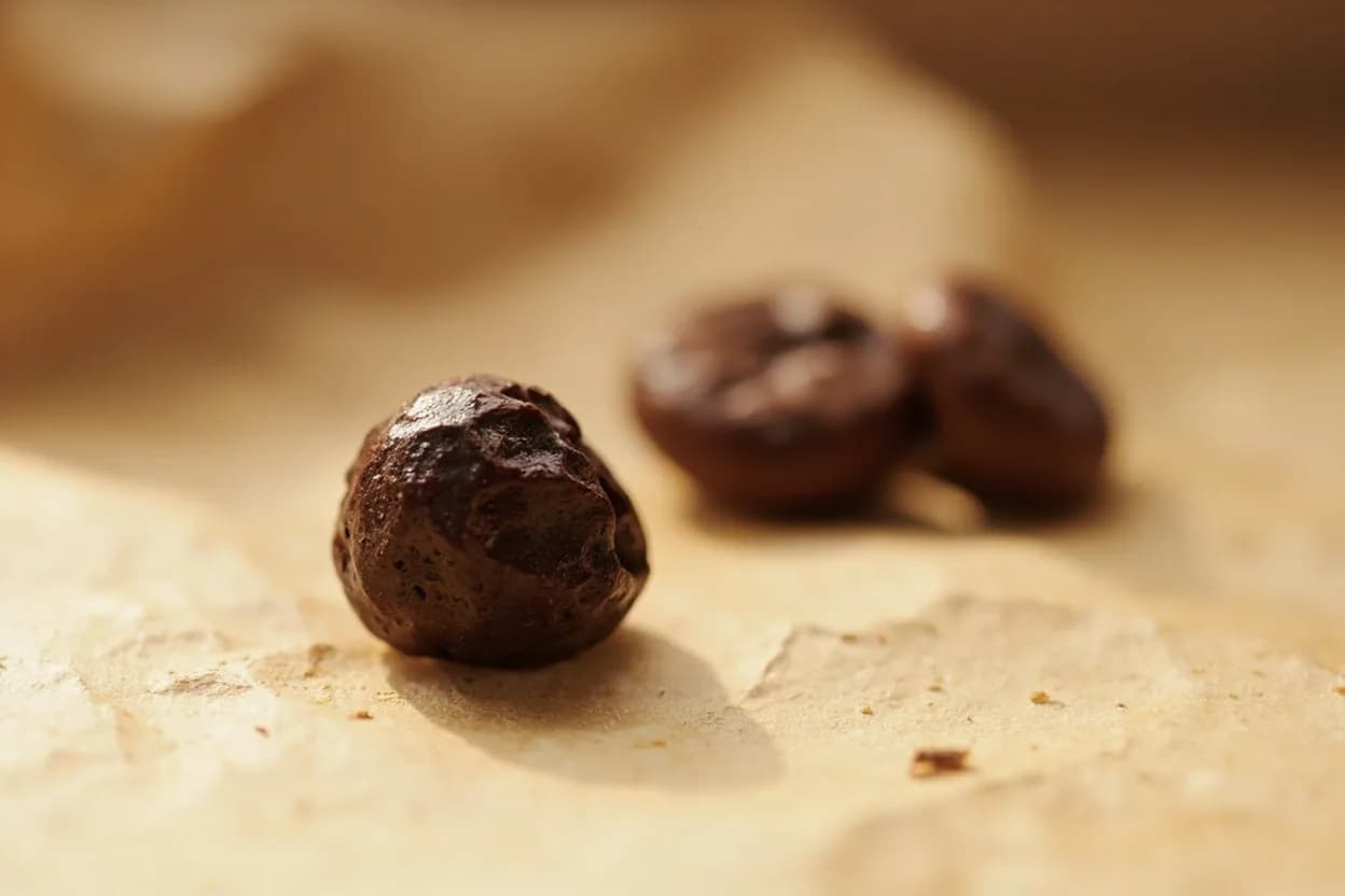 Cacao Nib paired with Espresso (Italian café tradition) — the canonical affinity made visible. Shared roast compounds (pyrazines, furans) create harmonic bitterness; coffee amplifies the nib's fruity undertones.