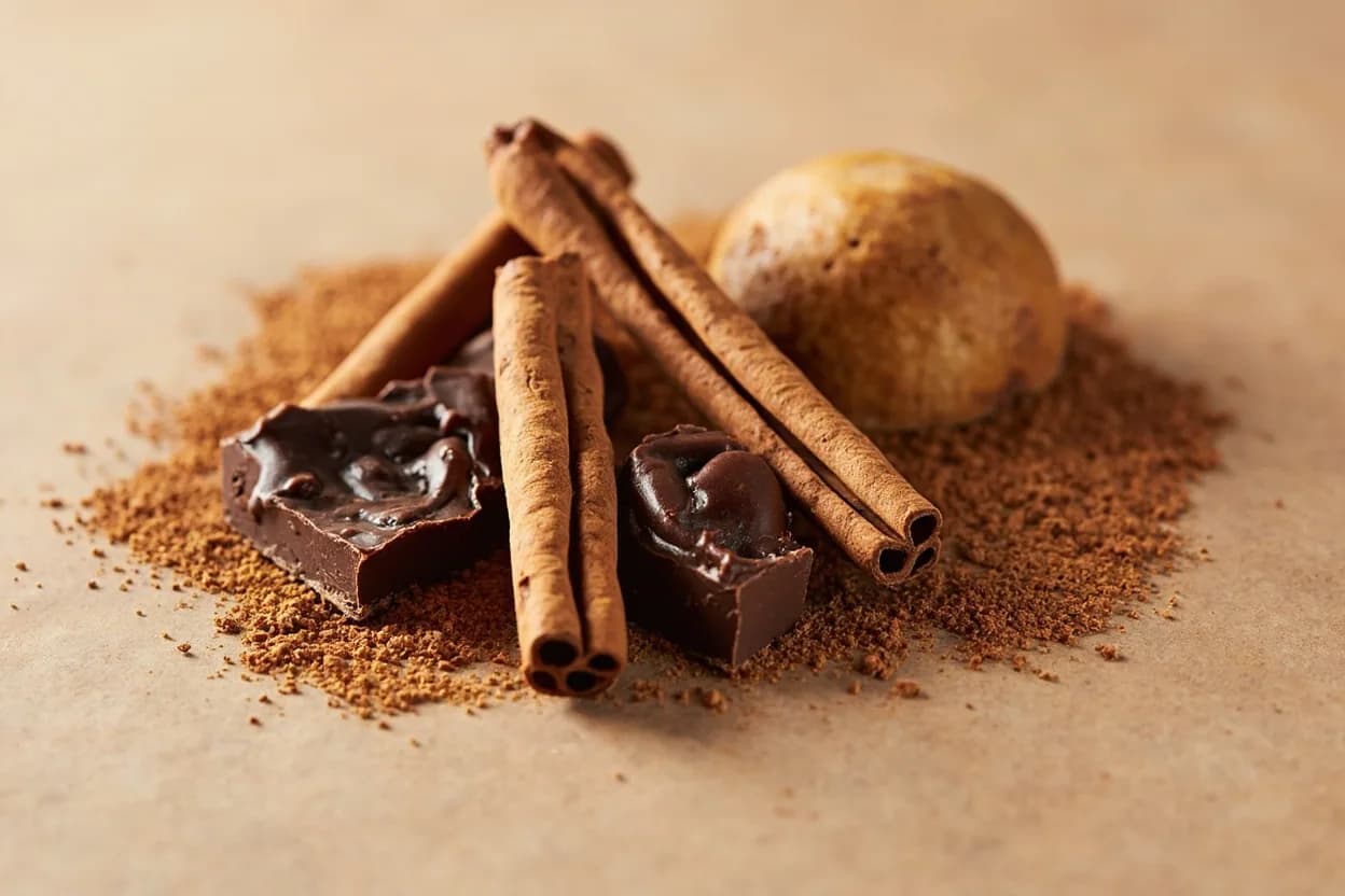 Canela (Mexican Cinnamon) paired with Mexican chocolate (Mexican) — the canonical affinity made visible. Canela is inseparable from tablet-style Mexican chocolate (Ibarra, Abuelita); its gentle warmth rounds the roasted bitterness of cacao without overpowering the complex stone-fruit notes of the bean.