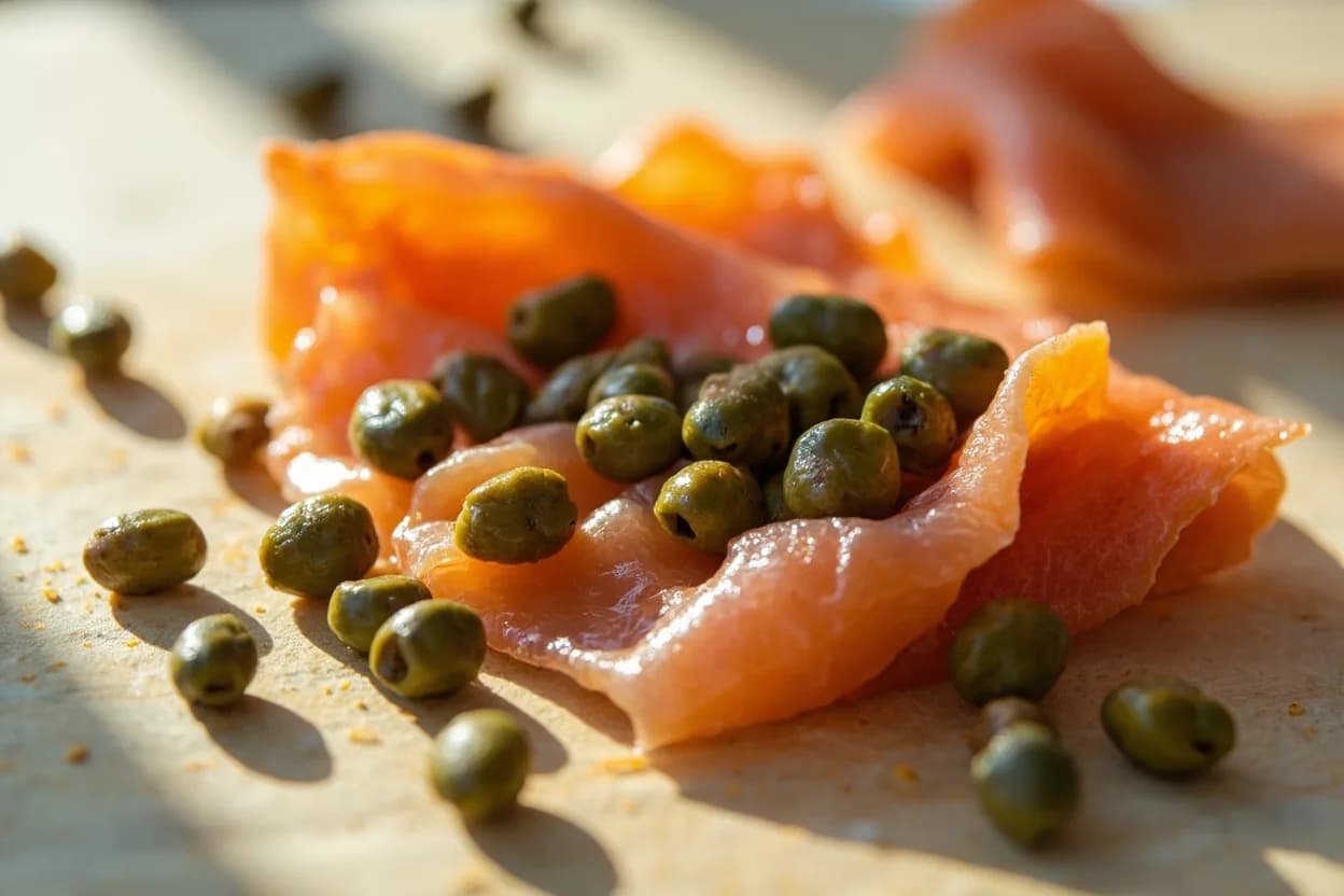 Capers paired with Smoked salmon / lox (Scandinavian / Jewish-American deli) — the canonical affinity made visible. The acid and salt of capers cut the fatty richness of smoked salmon and echo its salt cure — the canonical New York bagel and Scandinavian smørrebrød combination.