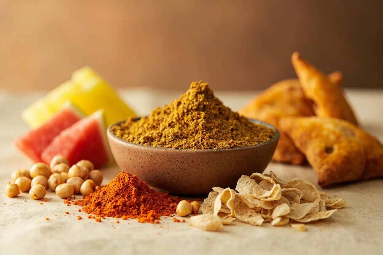 Chaat Masala paired with Fried snacks (samosas, pakoras, papri) (North Indian street food) — the canonical affinity made visible. Scattered over just-fried samosas or papri, chaat masala turns hot, salty, oily street food into a fully dimensional snack — the sourness cutting through fat, the kala namak deepening umami.