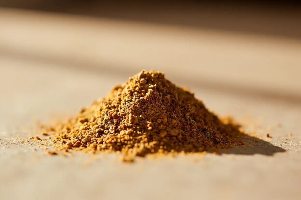Chaat Masala in its natural form. Chaat masala is a pungent, tangy spice blend foundational to Indian street food (chaat). Tasting profile: tart, fruity sourness (amchur / dried mango), sulfurous, egg-like umami (kala namak / black salt), earthy, smoky roasted cumin, pungent asafoetida (hing) — fermented allium note.