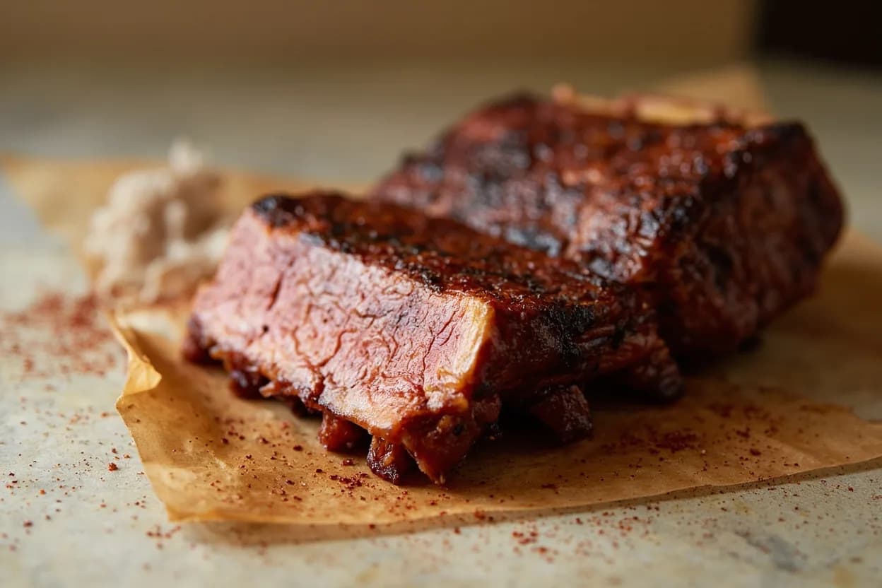 Cherry Wood Smoke paired with Pork baby back ribs (American BBQ) — the canonical affinity made visible. Cherry is the preferred wood for competition back-rib category — it produces the rich mahogany color judges look for while keeping pork sweet and clean.
