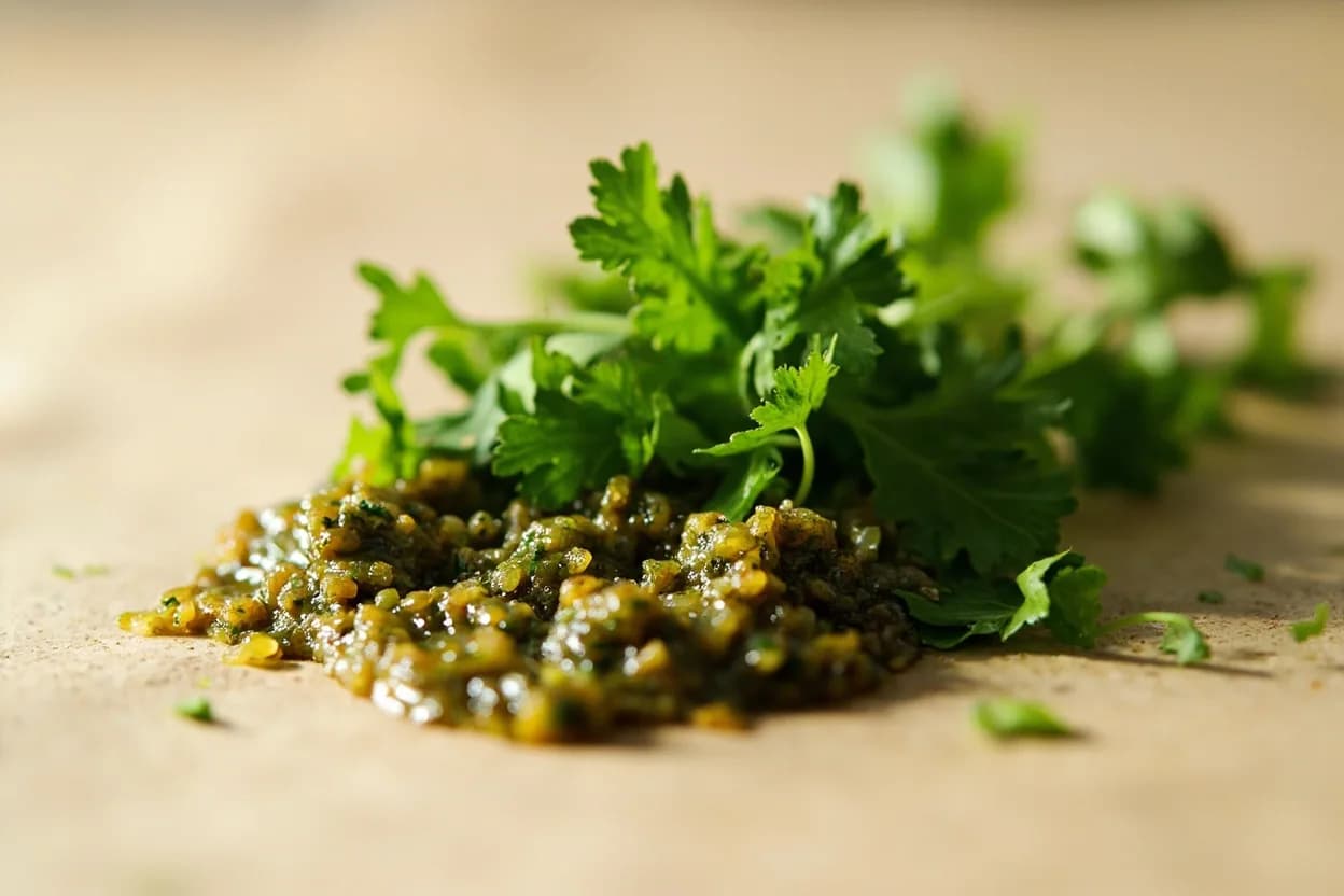 Chimichurri in its natural form. Chimichurri is Argentina's national condiment, a loose, uncooked herb sauce made from finely chopped flat-leaf parsley (and optionally cilantro), garlic, dried or fresh oregano, red wine vinegar, oli… Tasting profile: fresh parsley chlorophyll brightness, sharp raw garlic pungency, dried oregano earthiness, red wine vinegar tartness.