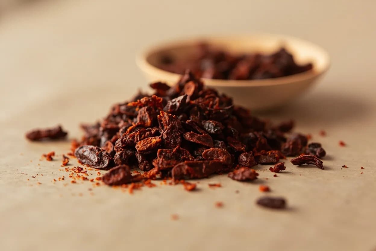 Chipotle in its natural form. Chipotle is a mature red jalapeño that has been smoke-dried over wood for several days until leathery and wrinkled. Tasting profile: bold wood smoke (hickory/pecan character), dried red chili heat — medium to hot, tobacco and leather, dried cherry and raisin sweetness.