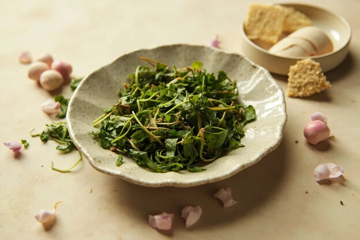 Chrysanthemum Greens (Ssukgat) paired with Jeongol and hot pot broths (Korean, Japanese) (Korean / Japanese) — the canonical affinity made visible. Ssukgat's floral bitterness holds up to rich broth and provides herbal perfume in the final moments of a hot pot; it is a non-negotiable element in budae jjigae and shabu-shabu alike.
