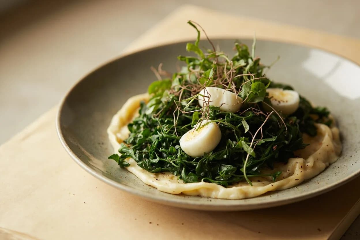 Chrysanthemum Greens (Ssukgat) in its element — Shabu-shabu (Japanese hot pot). Adventurous crossover: Burrata or fresh mozzarella — Raw young ssukgat leaves alongside burrata with white truffle oil and flaky salt — the floral bitterness cuts dairy fat in a way peppery arugula does, but with an East Asian aromatic register..