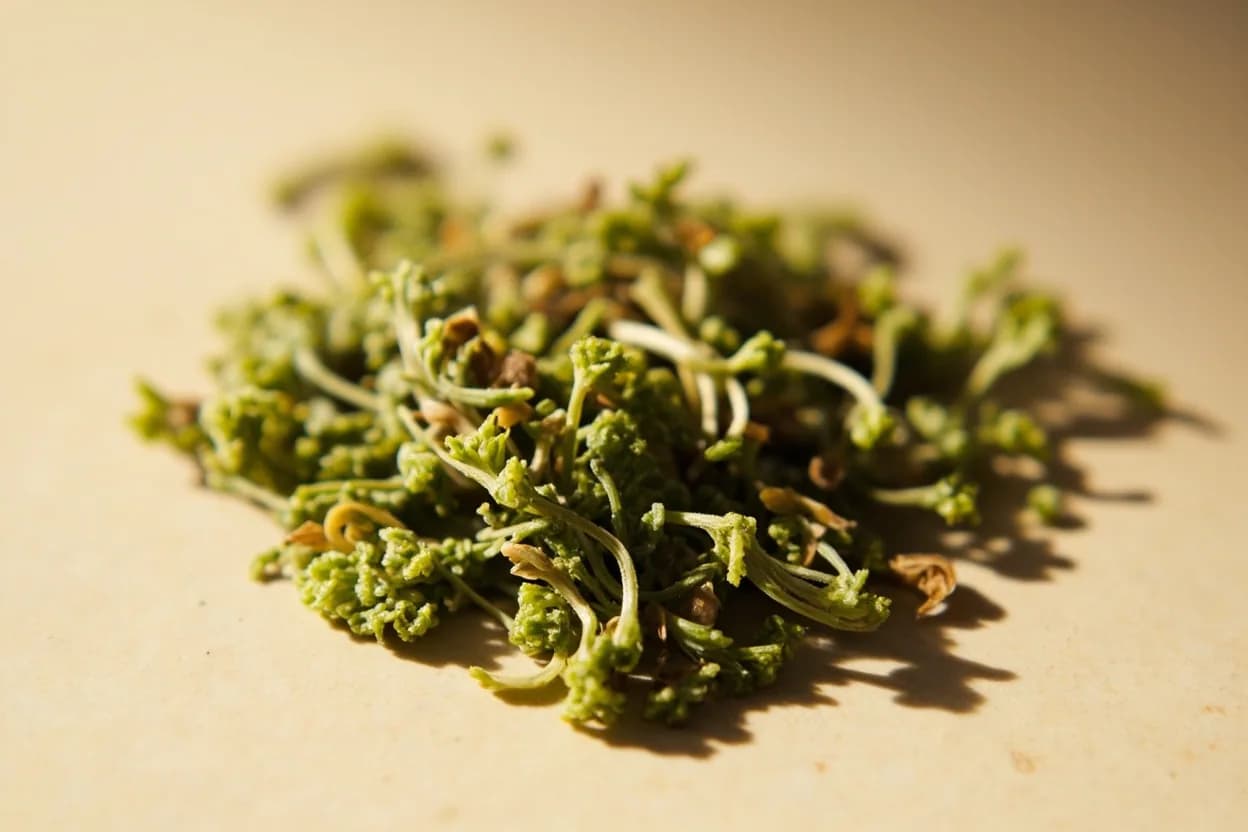 Chrysanthemum Greens (Ssukgat) in its natural form. Chrysanthemum greens (Glebionis coronaria, formerly Chrysanthemum coronarium) are the edible leaves and tender stems of the garland chrysanthemum, a cool-season plant cultivated as a vegetable across… Tasting profile: mildly bitter, chicory-adjacent, floral, chrysanthemum-like aroma, faint fennel or anise note, earthy, slightly vegetal depth.
