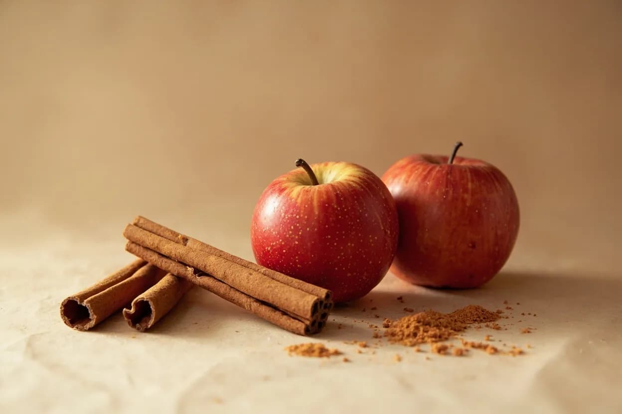 Cinnamon paired with Apple (American / British) — the canonical affinity made visible. One of the most iconic pairings in Western food: apple's malic acid and stone-fruit esters are amplified by cinnamon's warm sweetness; together they form the flavor gestalt of Anglo-American autumn baking.