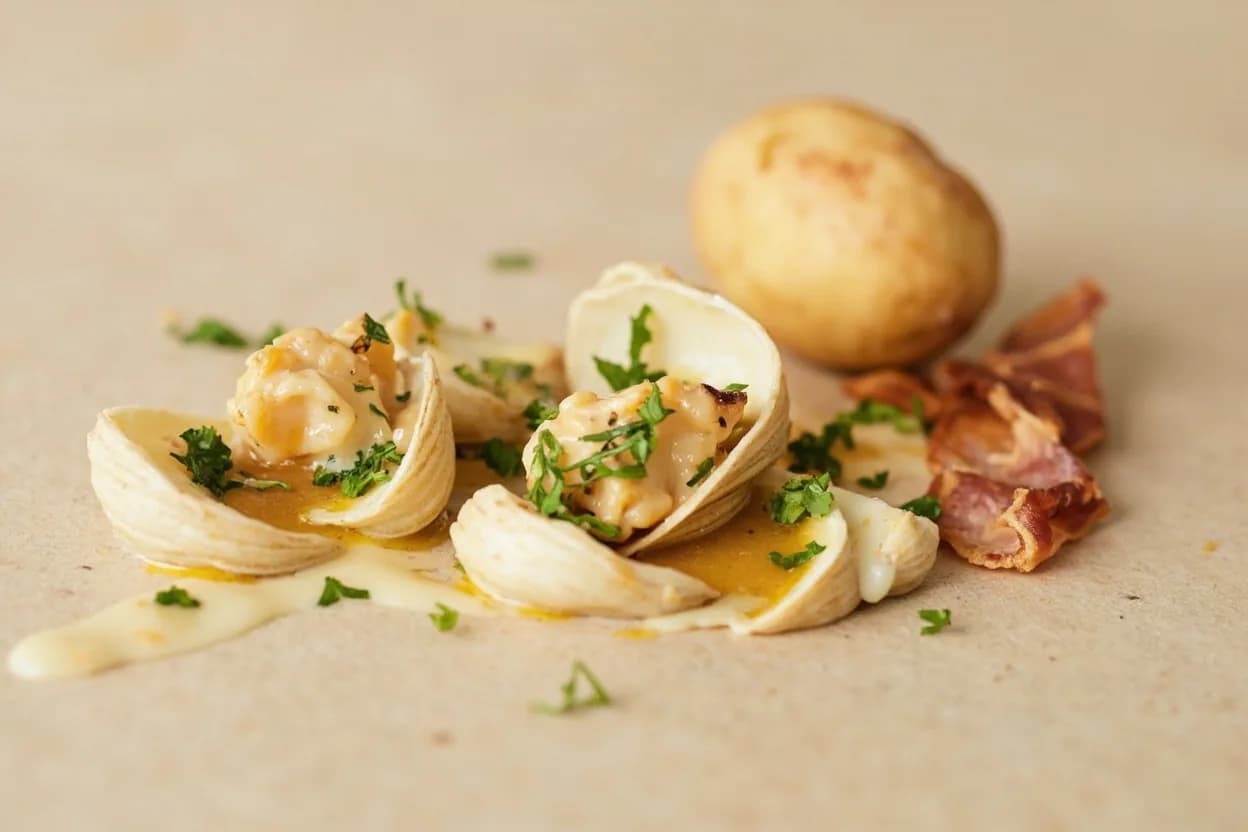 Clam Juice paired with Potatoes (American (New England)) — the canonical affinity made visible. New England clam chowder's defining pairing: starchy potato absorbs clam juice's brine and umami, thickening the broth while softening its salinity into round, creamy earthiness.
