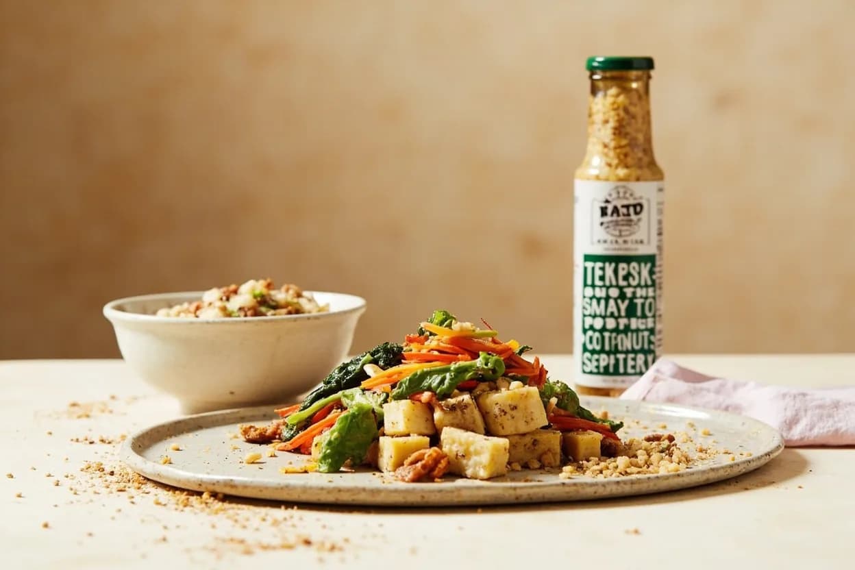 Coconut Aminos paired with Stir-fried vegetables and tofu (Asian-inspired) — the canonical affinity made visible. Its mild sweetness and umami coat vegetables without overpowering delicate flavours; better than soy for stir-fries where you want a light glaze rather than a punchy sauce.