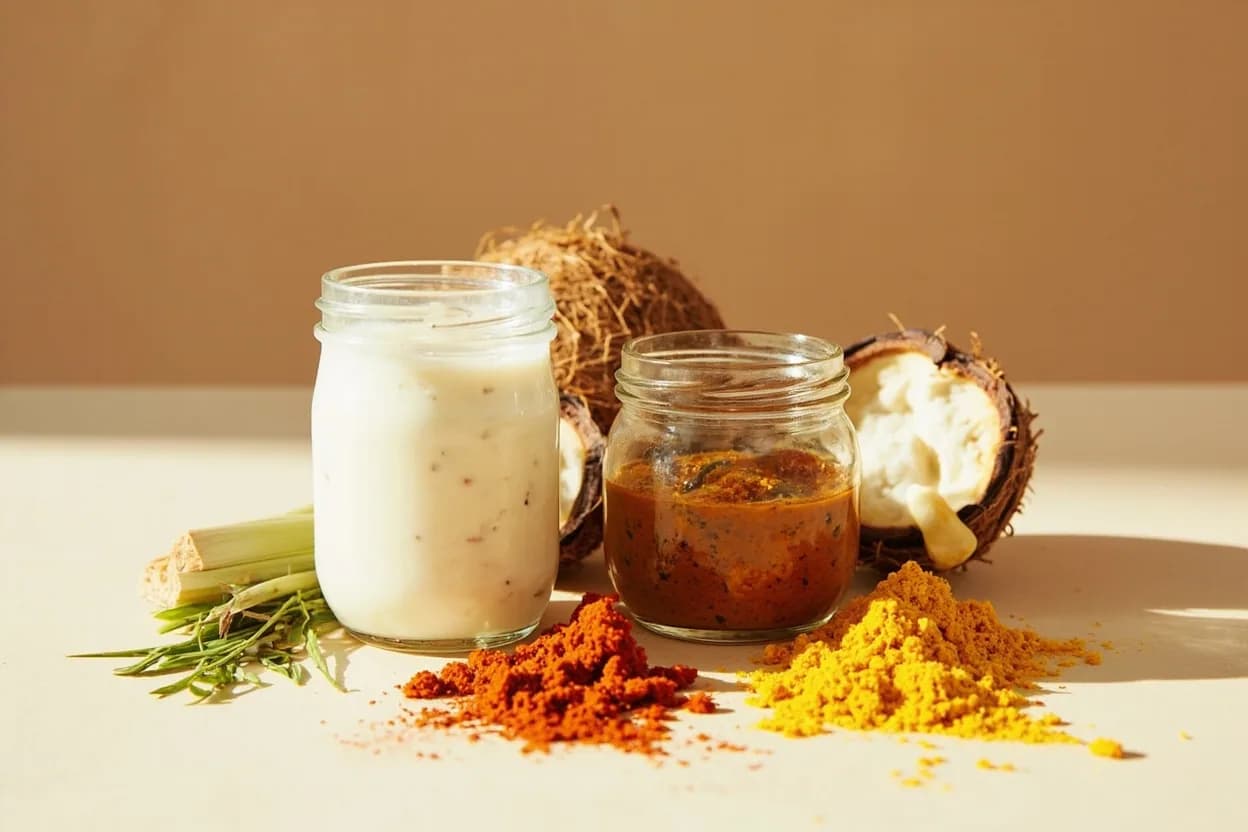 Coconut Milk paired with Thai red and green curry paste (Thai) — the canonical affinity made visible. Fat-soluble aromatic compounds in lemongrass, galangal, kaffir lime, and chilli bloom in the coconut milk's fat; the milk simultaneously tempers the chilli heat and unites the paste.