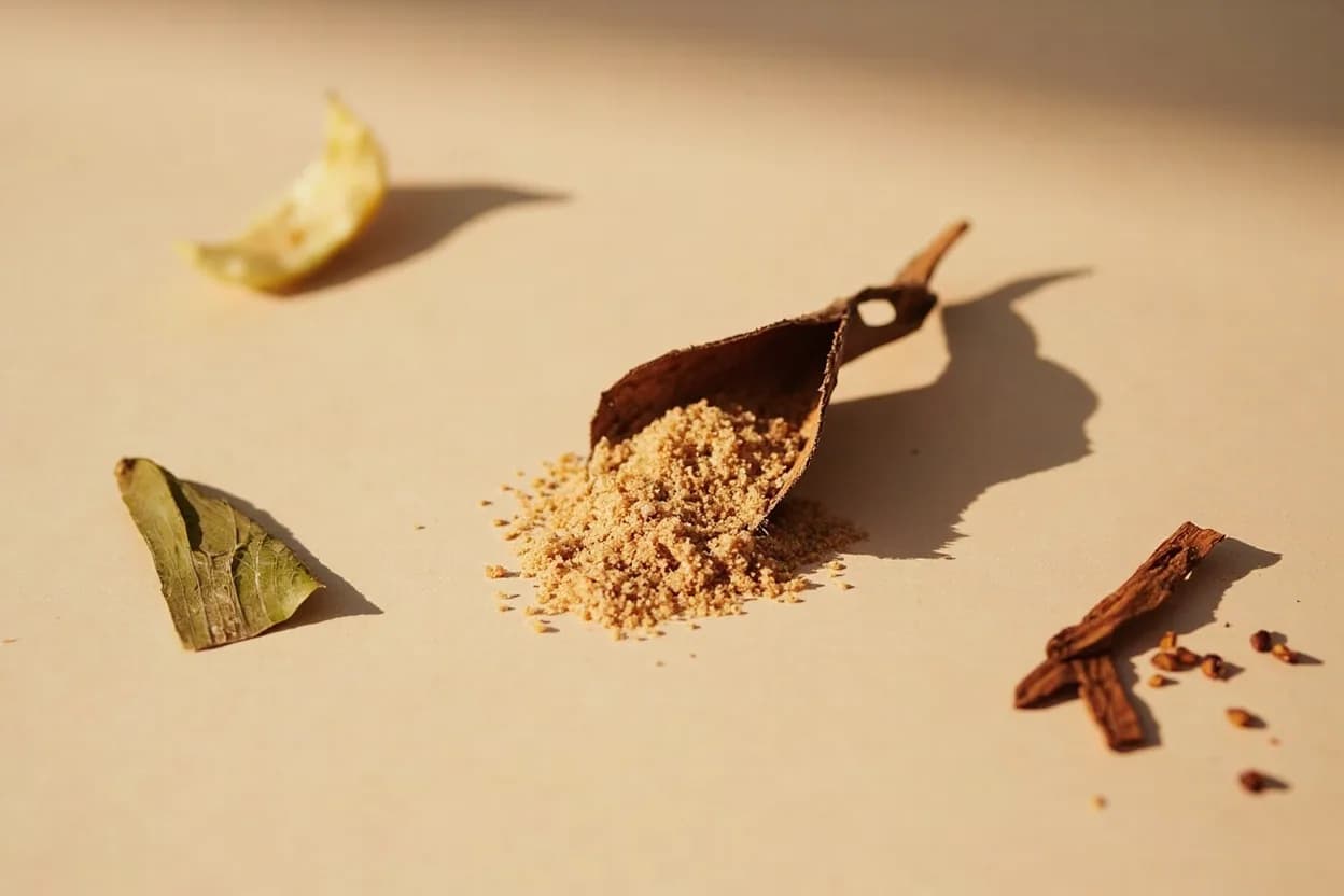 Coconut Sugar paired with Coconut milk (Malaysian, Indonesian, Thai) — the canonical affinity made visible. The logical partner — coconut sugar and coconut milk share the same botanical origin.